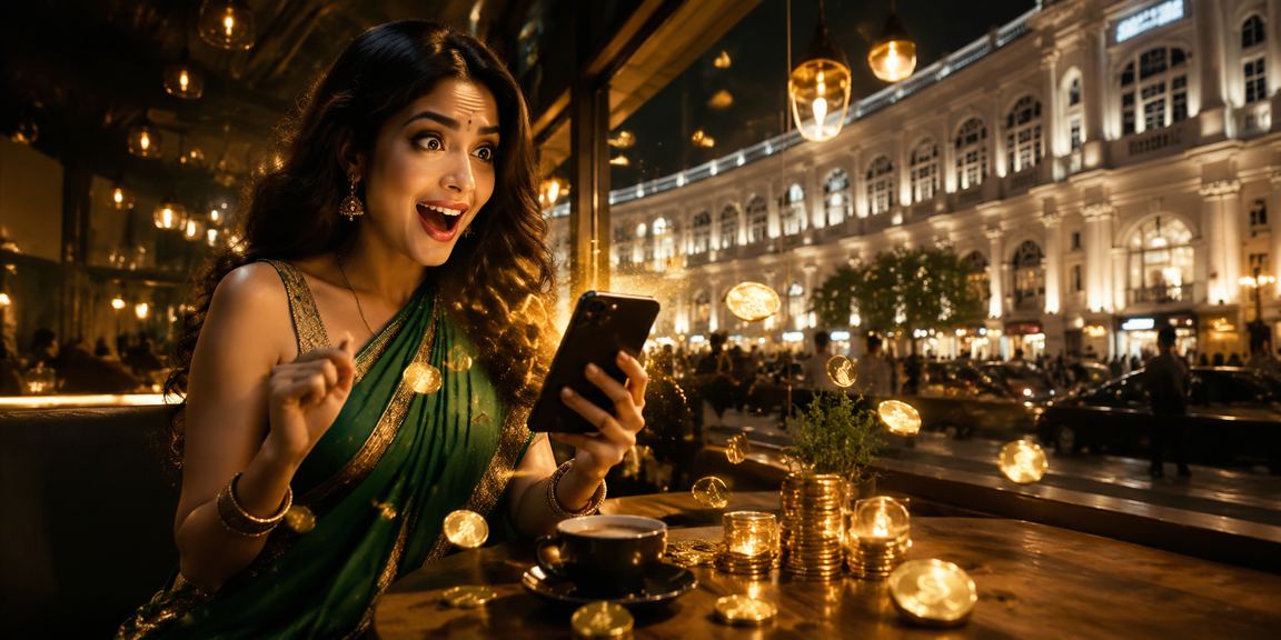 A young Indian man betting on cricket via his mobile phone with a stadium background